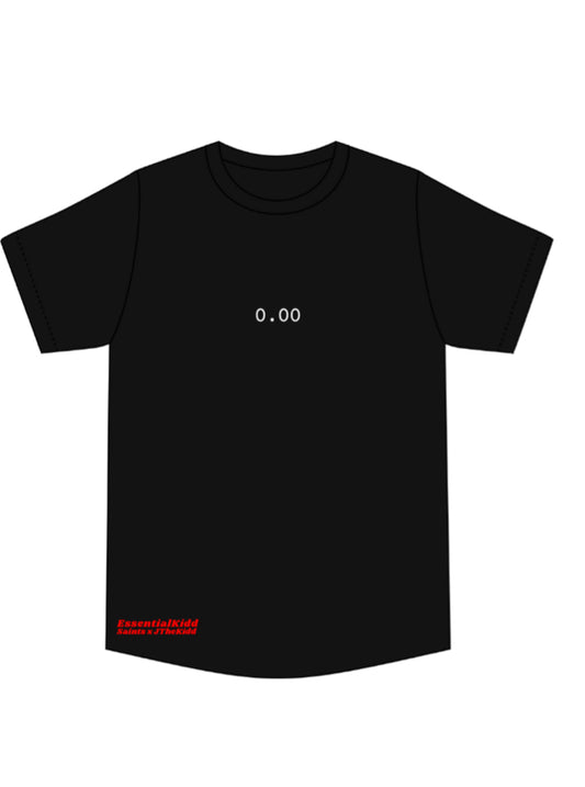Black t-shirt with white text and red logo on a white background